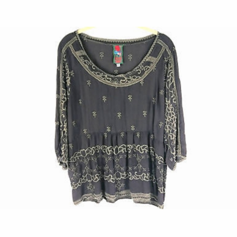 Johnny Was Womens Sheer Full Embroidered 3/4 Slvs